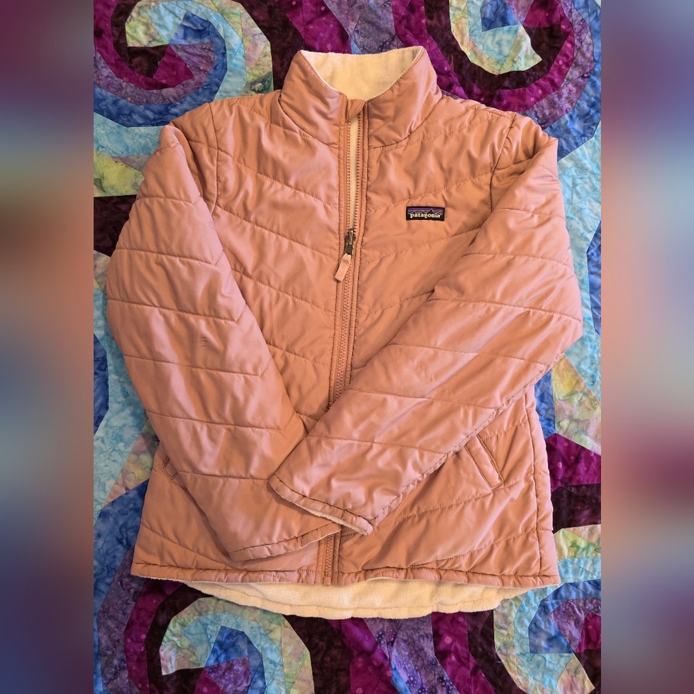 Patagonia Girl's Mauve Pink Quilted Reversible Jacket With White Polar Fleece